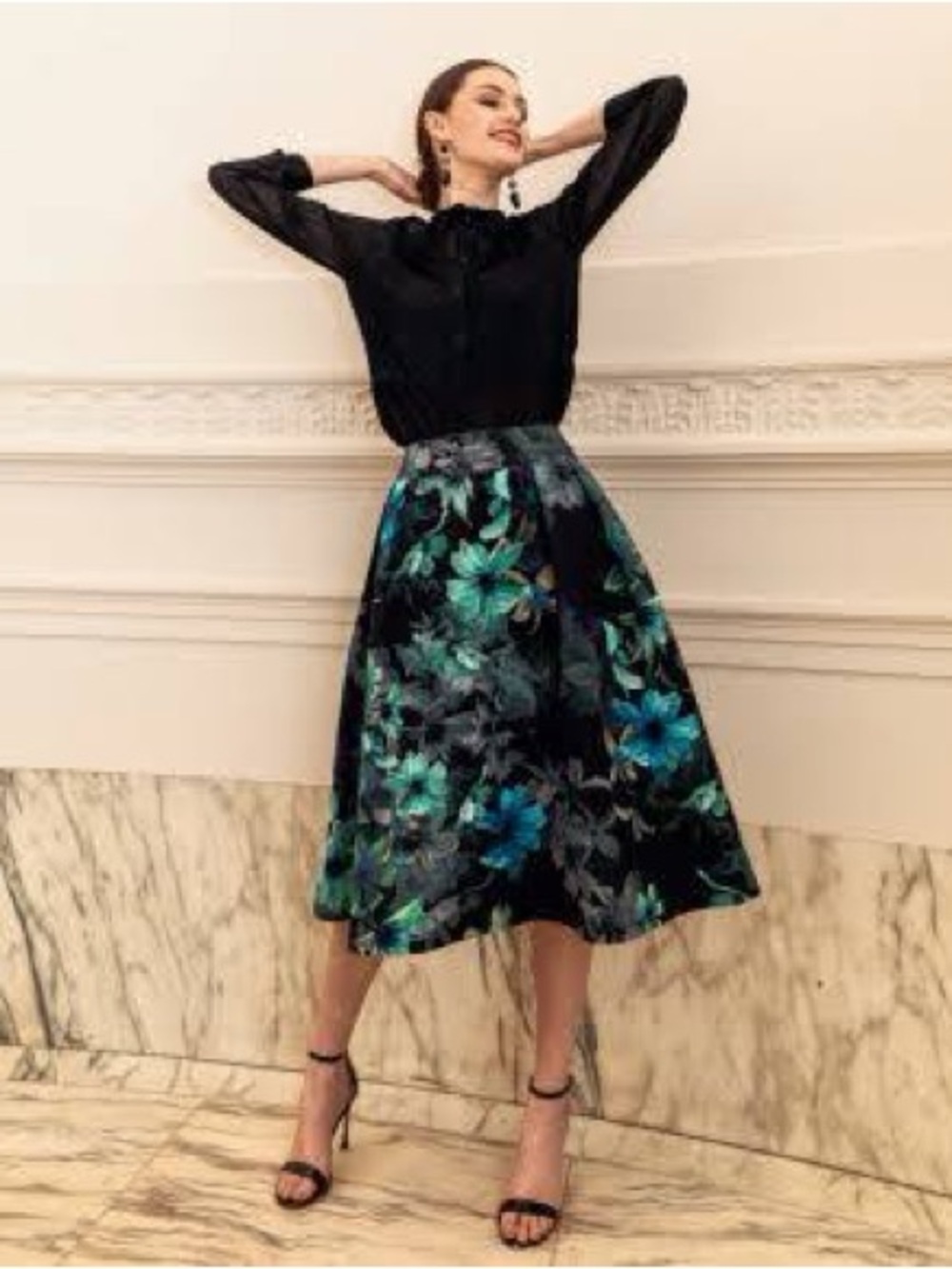 Stella & Jamie Black A-Line Midi Skirt with Teal Floral Print